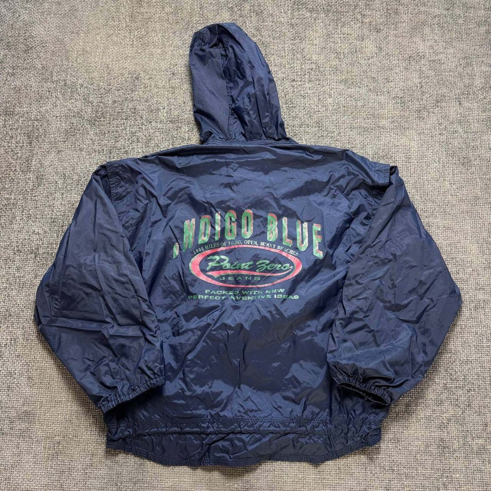 Point Zero Windbreaker Jacket Mens Medium Navy Blue 90s Vintage Hooded Clasp